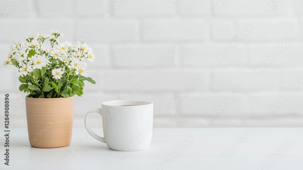 Fototapeta premium White coffee cup and flowers on white table near white brick wall. Possible use for backgrounds, home decor, lifestyle photography
