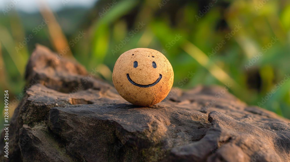 Obraz premium Happy smiley face rock sitting on a stone in a lush green environment during a sunny day
