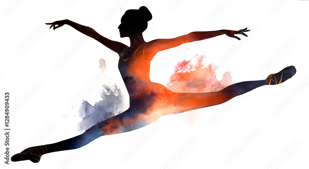 Fototapeta premium チュチュを着たバレーダンサー。芸術的でカラフルでダイナミックなバレリーナのシルエットの水彩画。