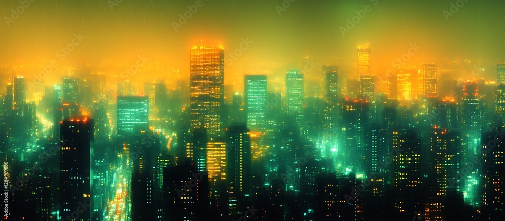 Obraz premium Night Cityscape Panorama Golden Yellow Green Lights