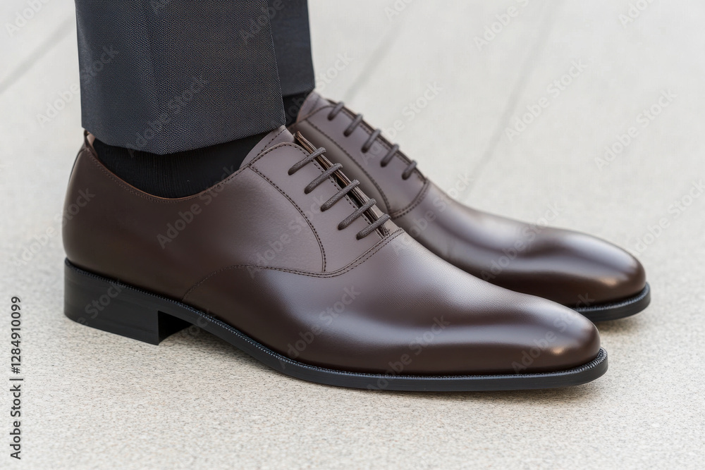 A man is wearing a brown dress shoe with a black lace A man is wearing a brown dress shoe with a black lace