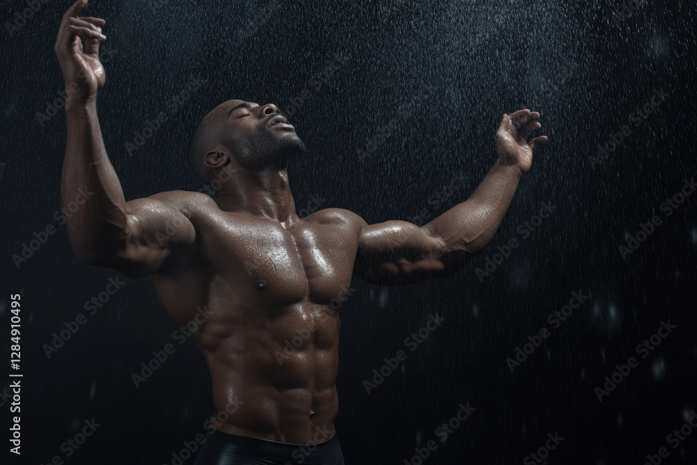 Fototapeta premium A man with a muscular body is standing in the rain