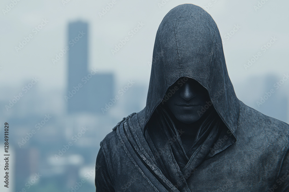A man in a black hooded cloak stands in front of a city skyline A man in a black hooded cloak stands in front of a city skyline