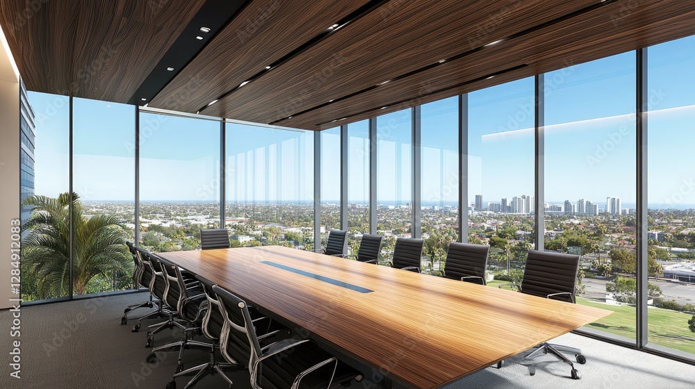 Fototapeta premium Empty boardroom with a large wooden table, chairs, and a cityscape view in the background