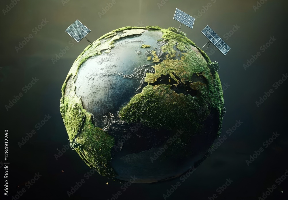 Fototapeta premium Green Earth with Solar Panels Sustainable Energy Concept, solar power, renewable energy