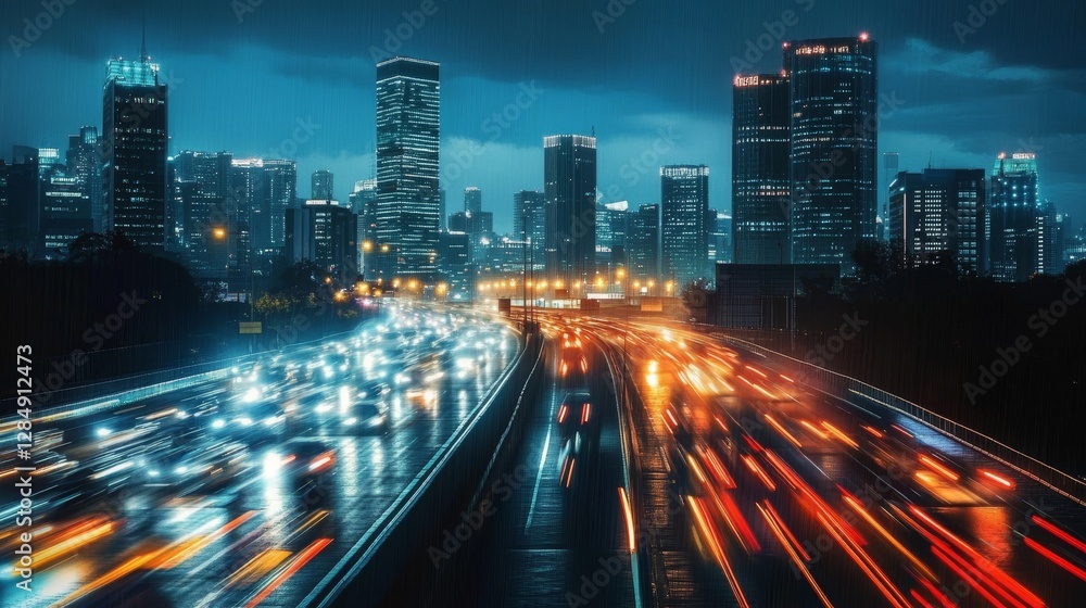 Obraz premium Night City Highway Lights, Cityscape, Traffic Photography City Lights, Night Photography