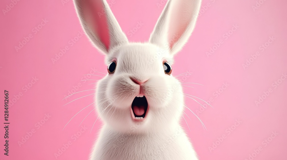 Fototapeta premium Surprised White Rabbit on Pink Background, digital art, cute bunny Cute Rabbit, Easter Bunny