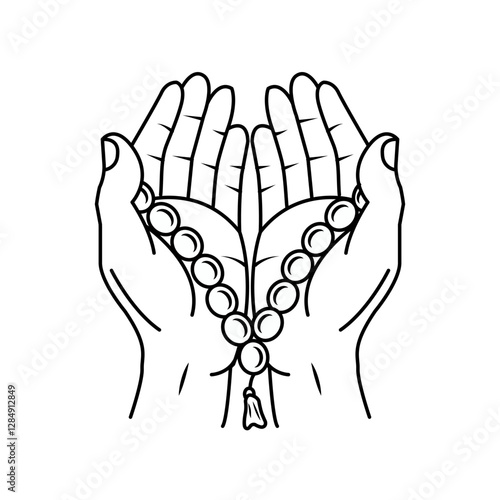 Prayer Hands with Tasbeeh Illustration featuring detailed Islamic prayer beads and spiritual themes for Ramadan posts and religious designs. with minimialist graphics illustrtion