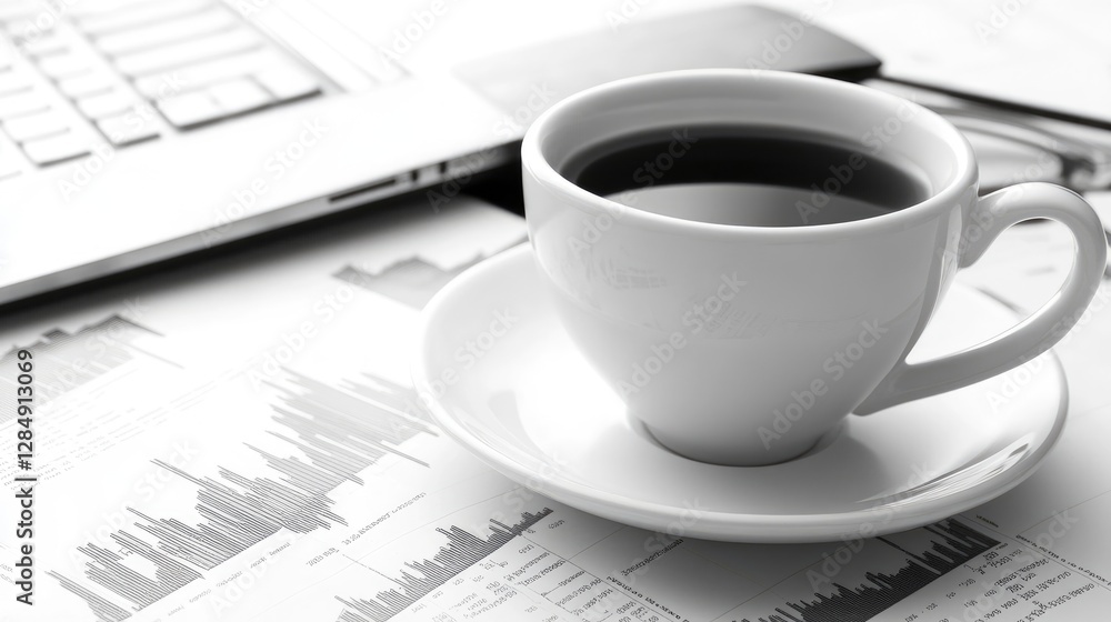 Financial planning meeting setup with a laptop displaying investment charts and a cup of coffee Financial planning meeting setup with a laptop displaying investment charts and a cup of coffee