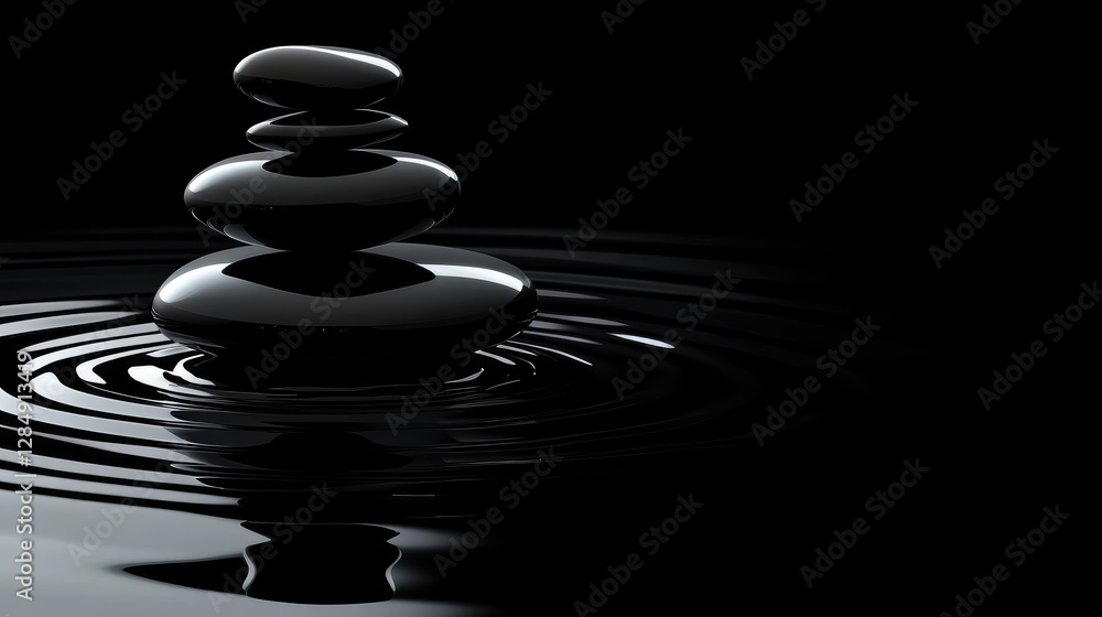 A stack of black matte stones balanced perfectly against a dark background, symbolizing calmness A stack of black matte stones balanced perfectly against a dark background, symbolizing calmness