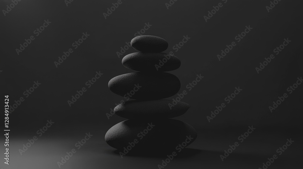 A stack of black matte stones balanced perfectly against a dark background, symbolizing calmness