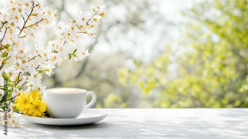 Spring cappuccino, flowers, garden view, sunny morning Spring cappuccino, flowers, garden view, sunny morning