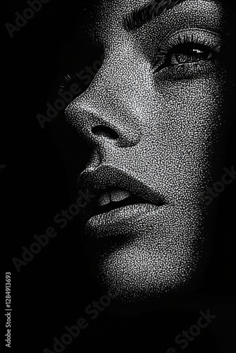 Elegant Woman Portrait Stipple Art Black White Monochrome Fine Art Print High Resolution Dramatic Lighting Mysterious Female Face Closeup Detailed Texture Sensual Lips Graphic Design Illustration     