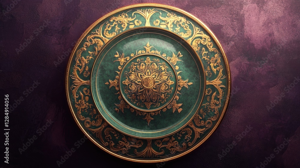 A symmetrical Thai pattern ceramic plate with rich green and gold details, placed on a dark purple background A symmetrical Thai pattern ceramic plate with rich green and gold details, placed on a dark purple background