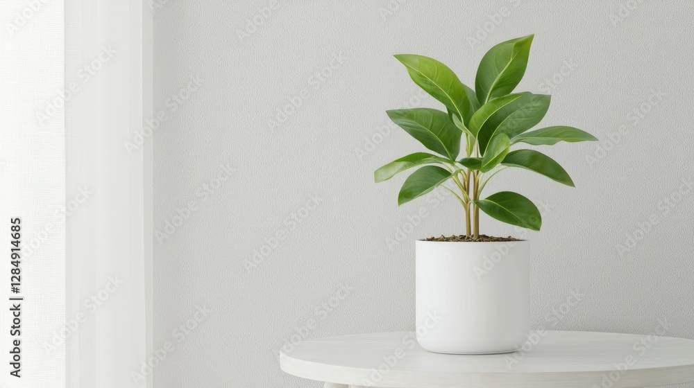 Minimalist plant in white pot on table, bright room Minimalist plant in white pot on table, bright room