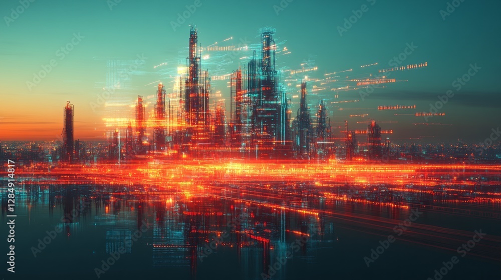 Naklejka premium Digital city skyline rendered with vibrant light trails and structures