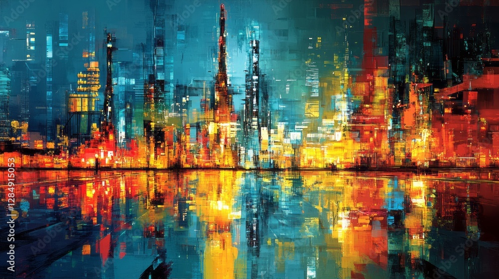 Fototapeta premium Abstract cityscape reflecting in water with vibrant colors