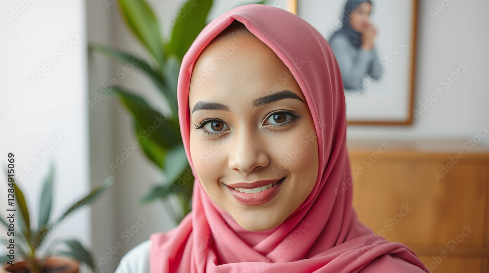 portrait-style photograph featuring a woman with a light skin tone, wearing a pink hijab that is neatly wrapped around her head, AI Generated. portrait-style photograph featuring a woman with a light skin tone, wearing a pink hijab that is neatly wrapped around her head, AI Generated.