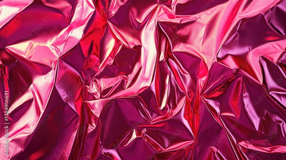 Bright pink metallic foil texture with shimmering reflections and a crinkled effect Bright pink metallic foil texture with shimmering reflections and a crinkled effect