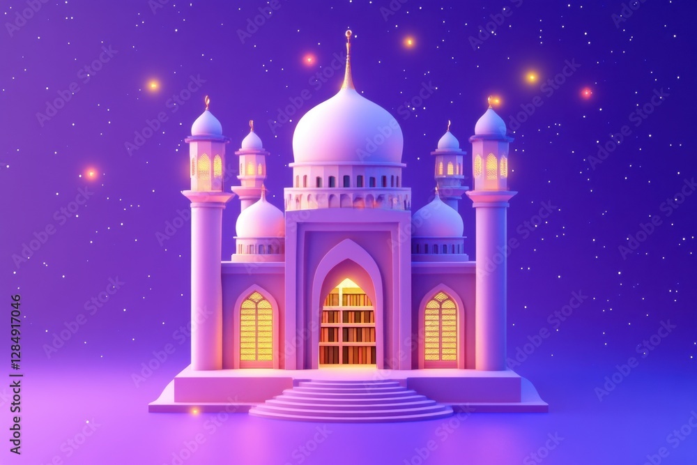 Obraz premium A Lovely Cartoon Mosque Stands Against A Starry Night Sky