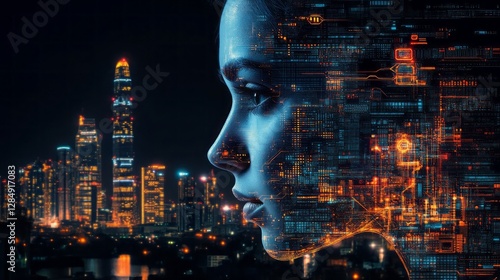 Wallpaper Mural Digital woman merges with cityscape in futuristic conceptual artwork Torontodigital.ca