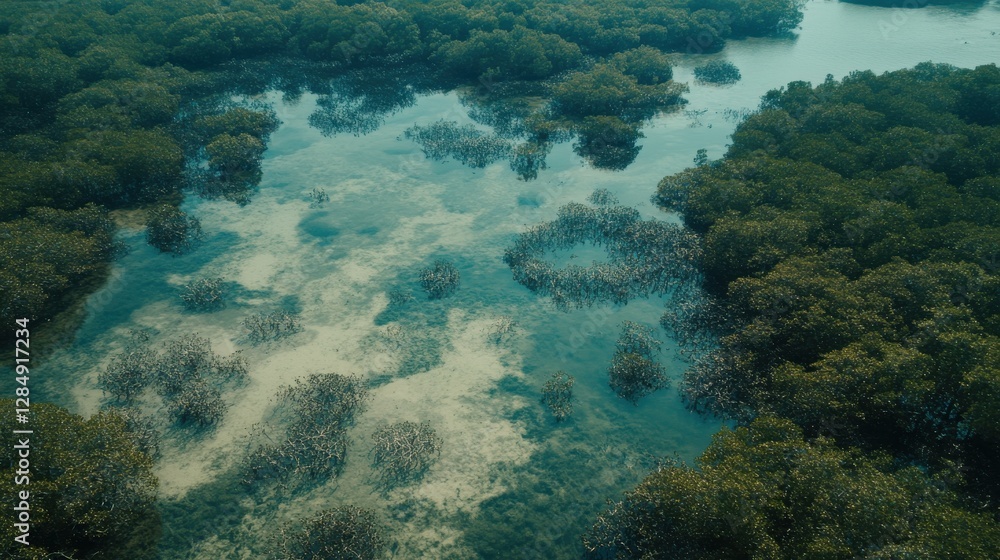 Lush Tropical Wetland with Dense Foliage and Serene Waters Under Soft Natural Light Lush Tropical Wetland with Dense Foliage and Serene Waters Under Soft Natural Light