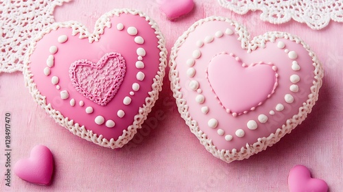 Two Pink Heart Shaped Cookies Decorated Beautifully