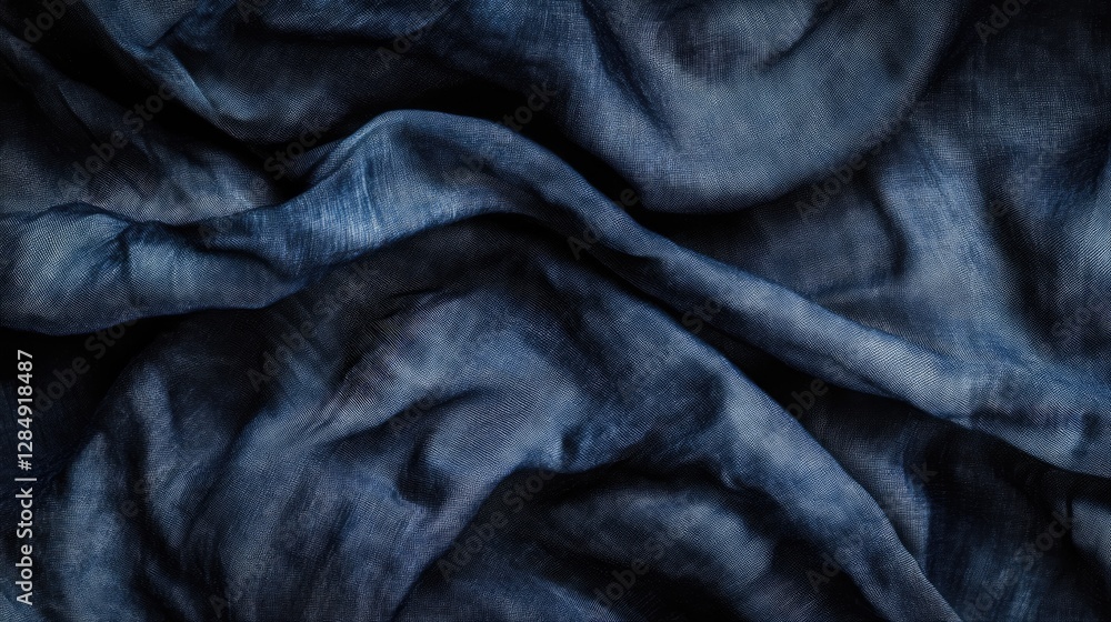 Crumpled fabric in rich indigo, highlighting soft wrinkles and smooth curves Crumpled fabric in rich indigo, highlighting soft wrinkles and smooth curves