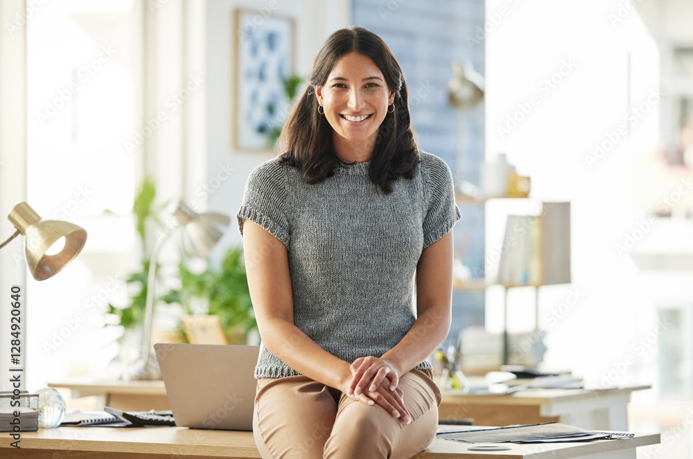 Portrait, journalist and happy woman in office at startup with pride and confidence at media company. Person, smile or female writer at workplace, career and editing job at creative agency in Greece