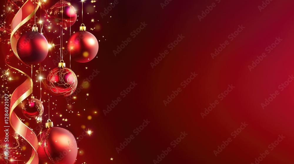 Festive ribbons, baubles, and sparkling lights cascading over a luxurious deep red background Festive ribbons, baubles, and sparkling lights cascading over a luxurious deep red background
