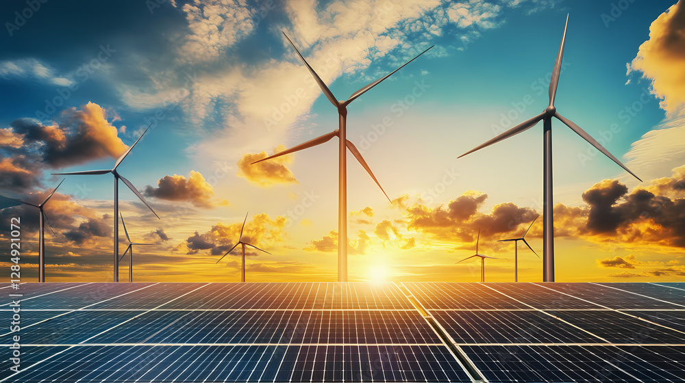 Solar panels and wind turbines harnessing renewable energy in an eco-friendly and innovative way, ai generated, ai generated. Solar-Powered Windmills. Illustration Solar panels and wind turbines harnessing renewable energy in an eco-friendly and innovative way, ai generated, ai generated. Solar-Powered Windmills. Illustration