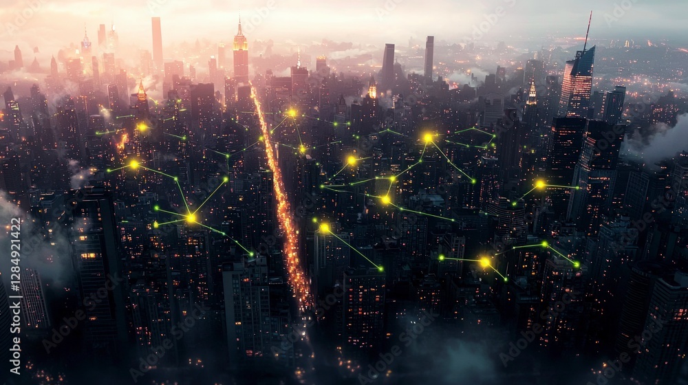 Fototapeta premium Futuristic Cityscape Network Technology Global Communication AI