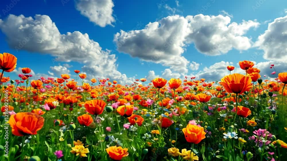 Vibrant wildflower field under blue sky with moving clouds Vibrant wildflower field under blue sky with moving clouds