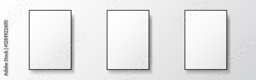 Poster mockup set. Empty photo frames with soft shadow. Painting templates on light wall. White vertical blanks. Realistic painting with black frame. Vector illustration.