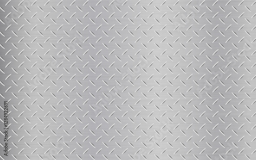 Diamond plate. Silver industrial background. Steel flooring with shiny effect. Metal texture with gradient. Polished chrome material. Bright stainless walkway. Vector illustration.