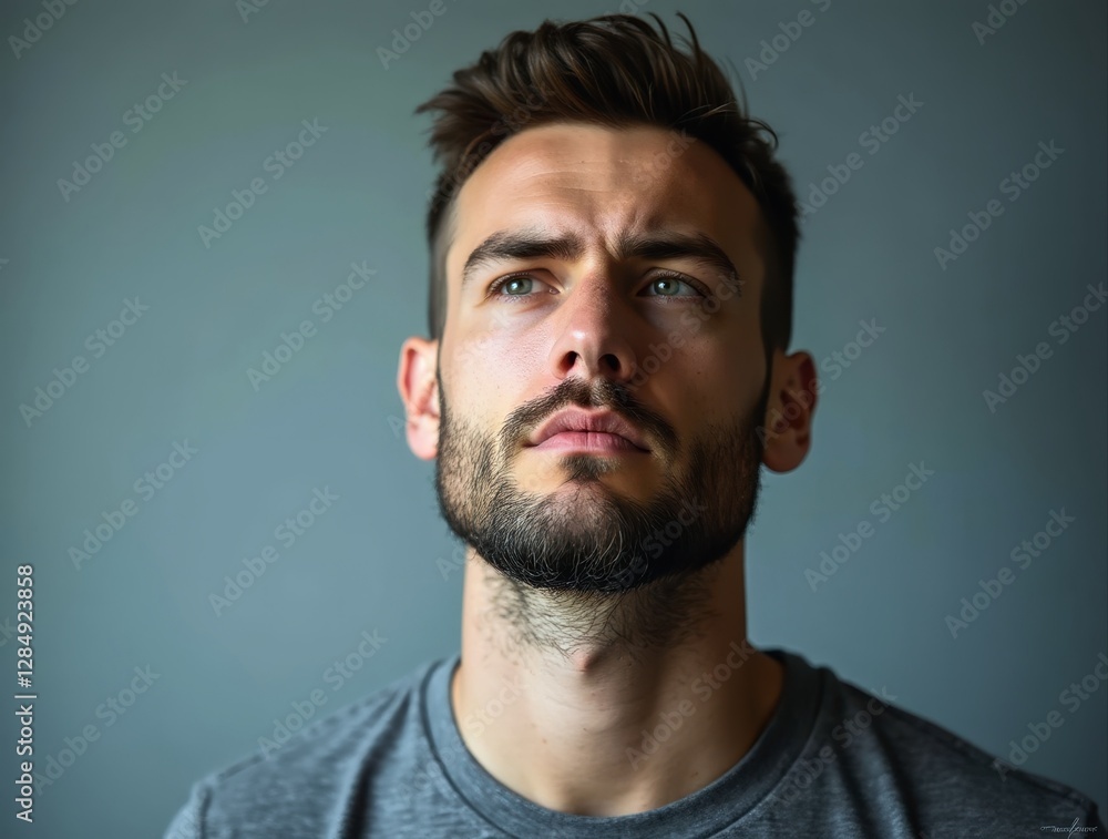 Fototapeta premium Pensive young man contemplating on a grey background