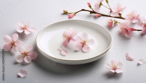 Wallpaper Mural 하얀 도자기 접시 위에 벚꽃 잎들이 살짝 떨어져 있다 Torontodigital.ca