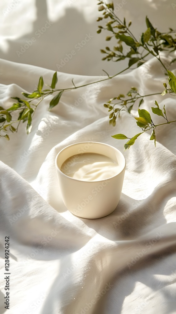 A simple cup with beverage and fresh greenery on display A simple cup with beverage and fresh greenery on display