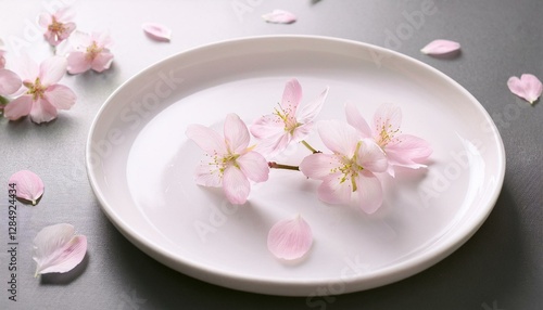 Wallpaper Mural 하얀 도자기 접시 위에 벚꽃 잎들이 살짝 떨어져 있다 Torontodigital.ca