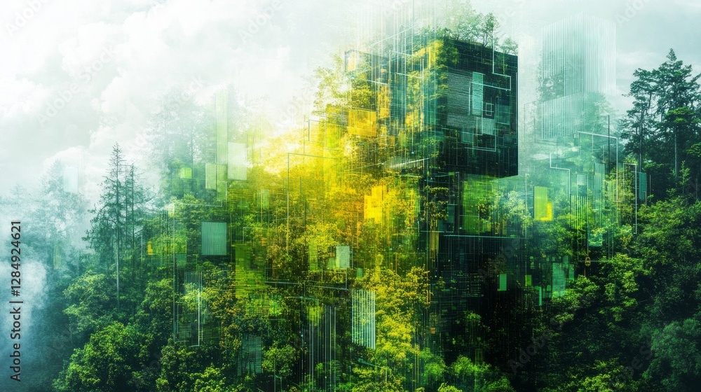 Naklejka premium Digital cityscape intertwined with vibrant green forest trees