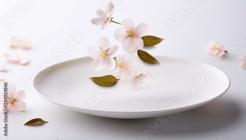 Wallpaper Mural 하얀 도자기 접시 위에 벚꽃 잎들이 살짝 떨어져 있다 Torontodigital.ca