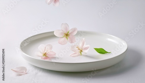 Wallpaper Mural 하얀 도자기 접시 위에 벚꽃 잎들이 살짝 떨어져 있다 Torontodigital.ca