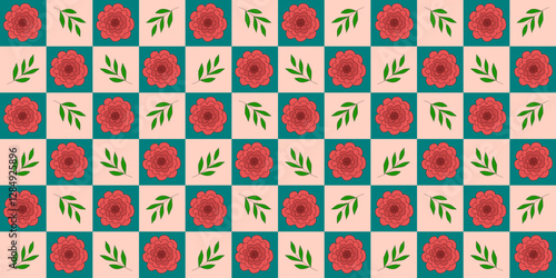 Seamless pattern with red rose flower head and green branches, checked pink blue background, vector