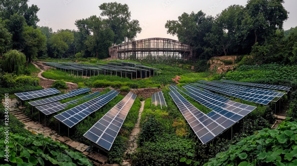 Fototapeta premium Green Energy Solar Panels on Lush Landscape Sustainable Technology