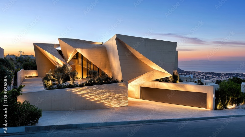 Fototapeta premium Ultra-modern house exterior with geometric wall-mounted LED lights creating a sleek look