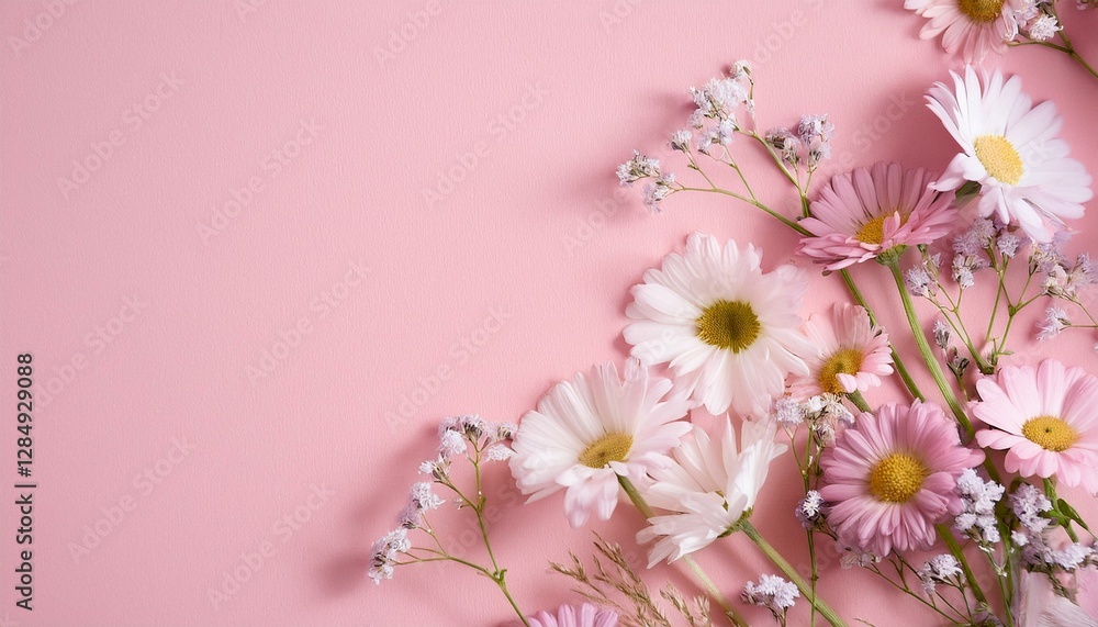 Obraz premium 핑크빛 종이 위에 작은 들꽃들이 자연스럽게 흩어져 있다