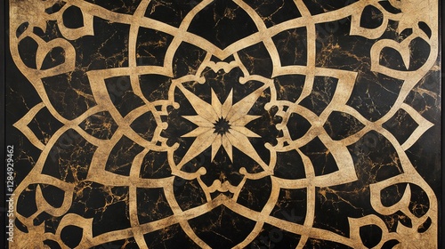 Elegant Gold Geometric Floral Pattern on Black Marbled Background