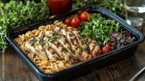 Grilled chicken pasta salad in takeout container with herbs and tomatoes photo