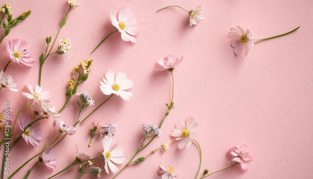 Fototapeta premium 핑크빛 종이 위에 작은 들꽃들이 자연스럽게 흩어져 있다