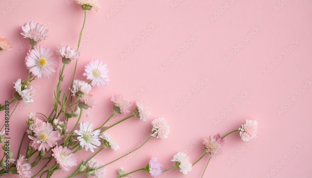 Obraz premium 핑크빛 종이 위에 작은 들꽃들이 자연스럽게 흩어져 있다